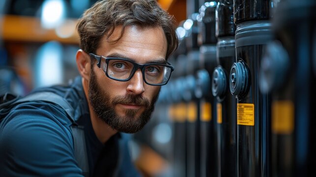 Focused man inspecting industrial equipment in a well-organized storage facility