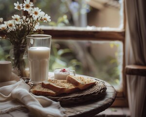 Some toast on the wood plate and milk on  the wood table near the window 