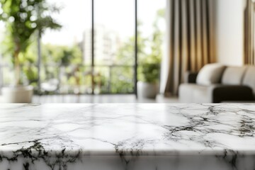Modern marble tabletop, blurry interior