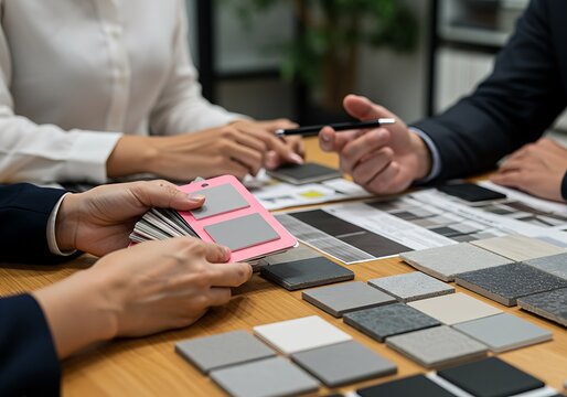 People examining tile samples and design plans on a table during a design consultation meeting session