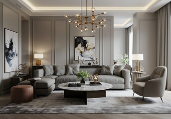 A modern living room with a gray sectional sofa, marble coffee table, and abstract art on the wall