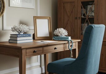 Interior view of a wooden desk with books coral decorations and a blue chair in a neutral room setting