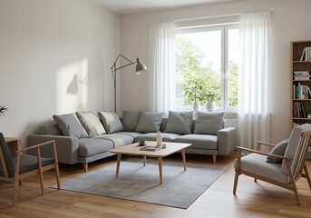 A bright living room with a gray sectional sofa and wooden furniture near a large window with curtains