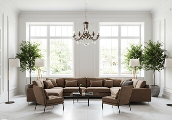 Fototapeta premium Living room with brown sectional sofa, chairs, chandelier, plants and large windows in a bright space