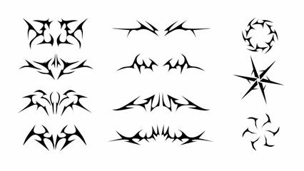 Neo tribal vector set elements, abstract radial, symmetrical shapes. Ideal for gothic y2k, grunge apparel, stickers, and surreal designs