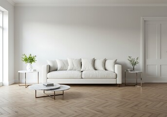 A bright living room with a white couch, marble tables, and light wood flooring in a minimalist style