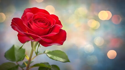 Red Rose with Green Leaves on Soft Blue Background with Bokeh Effect