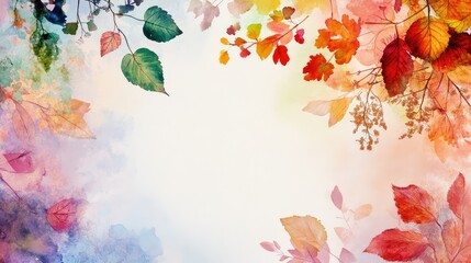 Painted fall leaves in seasonal colors, watercolor texture fades into a central blank space