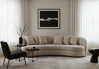 A living room with a curved sofa black chair and abstract art creating a modern and elegant space