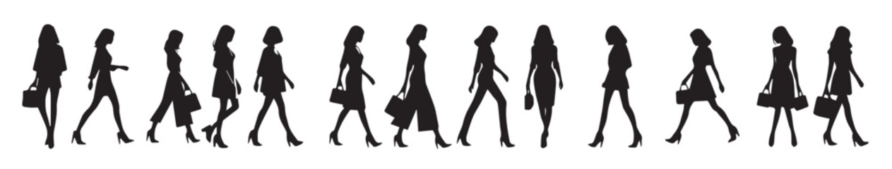 silhouettes of women standing and walking businesspeople, black color isolated on white background.