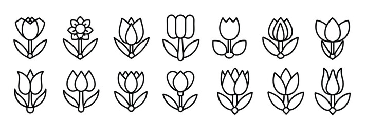  tulip flower icon set. editable stroke outline icons set