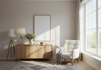 Interior setting with a light wooden cabinet, lamps, flowers, chair, and large window frame in a room
