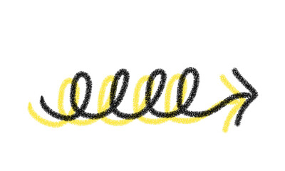 手書きの黄色の矢印・スパイラル風で柔らかなデザインの矢印イラスト  （クレヨン風）
