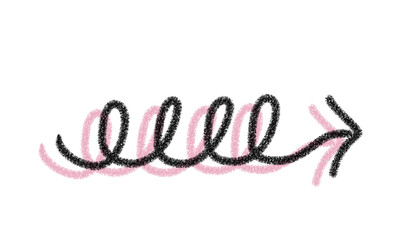 手書きのピンクの矢印・スパイラル風で柔らかなデザインの矢印イラスト  （クレヨン風）
