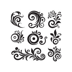 Decorative swirl and spiral vector silhouette set