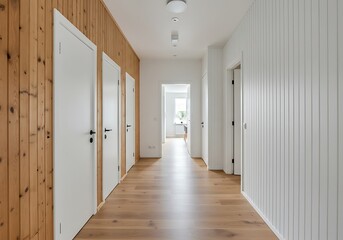 A hallway with wood floors and white doors and walls with a glimpse of a room at the end of the hall