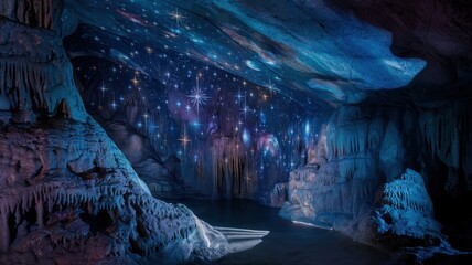 Cave with starry ceiling and children gazing into cosmic sky