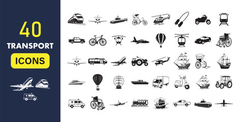 Transport Airplane, Auto, Ship, Railway Silhouette Icon Set