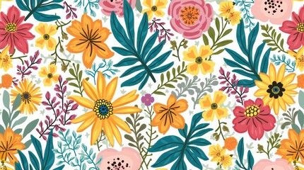 Bright and dynamic floral pattern featuring overlapping multicolored flowers and foliage, creating a cheerful, eye-catching design for modern decor.

