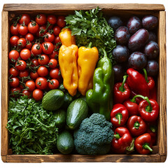 Colorful fresh fruits vegetables display wooden box