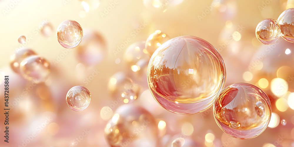 Poster abstract spheres on gradient background with golden and pink hue floating transparent bubbles