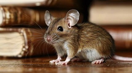 Obraz premium Small Brown Mouse near Old Books Animal Wildlife Rodent