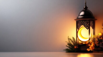 Illuminated Ramadan Lantern with Crescent Moon and Flowers