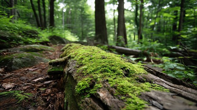 Soft green moss blankets an old fallen log, blending it seamlessly into the quiet forest floor.

