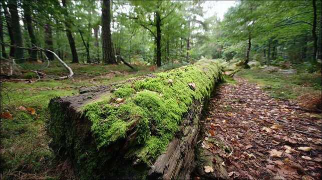 Soft green moss blankets an old fallen log, blending it seamlessly into the quiet forest floor.


