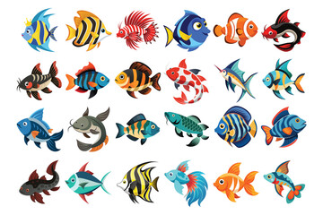 Vibrant Tropical Fish Illustrations Collection - Colorful Clownfish, Koi, and More