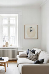 Fototapeta premium Bright Minimalist Scandinavian Living Room Interior with Neutral Sofa, Stylish Decor, and Natural Light