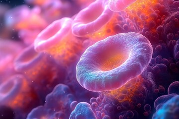 Close-Up Illustration of Fluorescent Microbial Biofilms with Glowing Structures