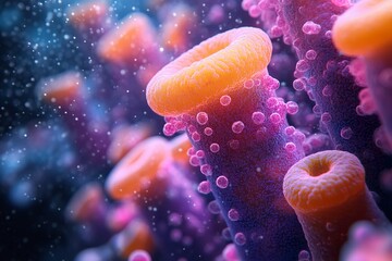 Close-Up Illustration of Fluorescent Microbial Biofilms with Glowing Structures