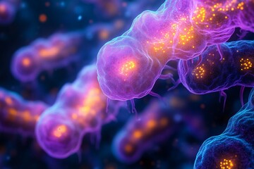 Close-Up Illustration of Fluorescent Microbial Biofilms with Glowing Structures