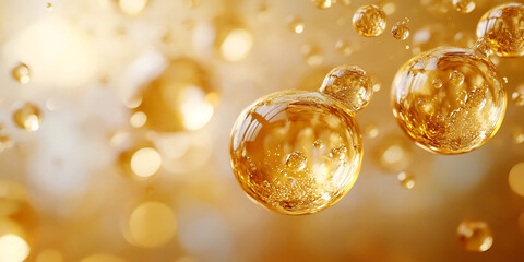 Gold serum droplets abstract beauty skin care cosmetic product hydration macro close up science experiment liquid formulation shiny fluid