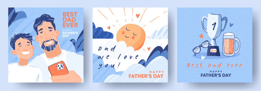 Fathers Day cards set featuring cute, fashionable hand-drawn illustrations of dad and son taking a selfie together, with a champion trophy, glasses and a beer, with Father's Day holiday wishes.
