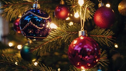 Warm, festive living room scene with a Christmas tree in the foreground. Video captures a cozy, inviting atmosphere from a side angle.