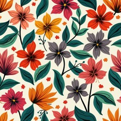 Obraz premium Seamless vibrant floral pattern with bold, colorful flowers and lush green leaves, arranged in a lively and energetic composition for fabric or wallpaper.