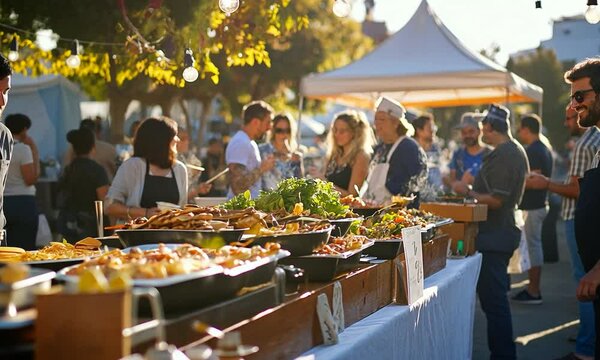 Vibrant outdoor food market scene with diverse people enjoying gourmet dishes and lively atmosphere