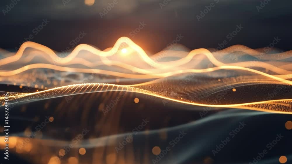 Poster abstract waves of glowing light create mesmerizing landscape, showcasing flowing particles that evok