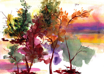 Abstract landscape with trees, birds and sunset