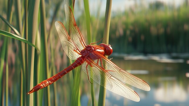 Vibrant red dragonfly perched on green reeds by a tranquil pond under a clear blue sky