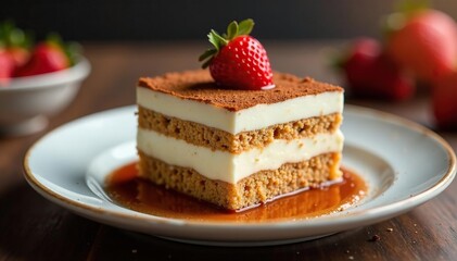 Individual serving of tiramisu, showcasing rich texture and layers , coffee, top view, dessert