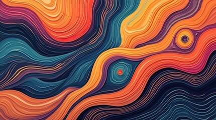 Obraz premium Vivid abstract design with swirling lines and geometric shapes in saturated hues, featuring overlapping forms and a sense of fluid motion.