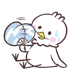 うちわであおぐ白い鳥のイラスト