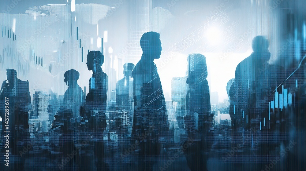 Poster visualizing global business strategy with silhouettes and data flow