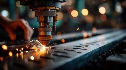 Focused industrial laser cutting metal in manufacturing workshop