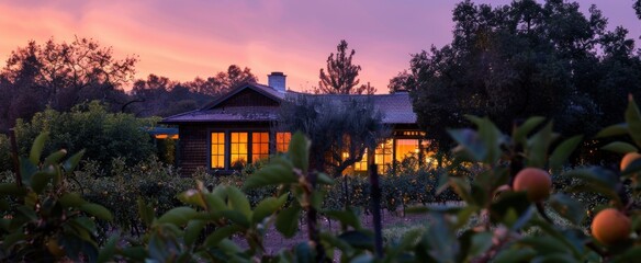 Fototapeta premium A serene twilight envelopes a cozy country home amid flourishing fruit trees in a tranquil setting. Twilight Country Home