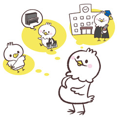 子育てを想像するおなか出た白い鳥のイラスト