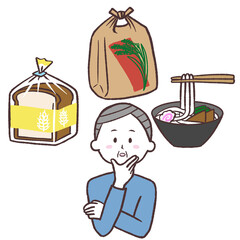 主食を考えるシニア男性イラスト